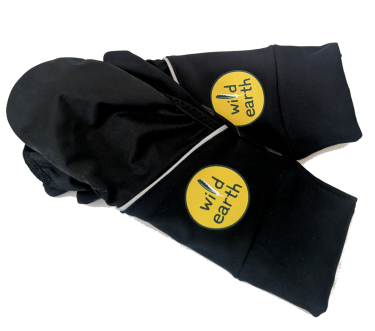 Black convertible gloves with yellow wild earth logo